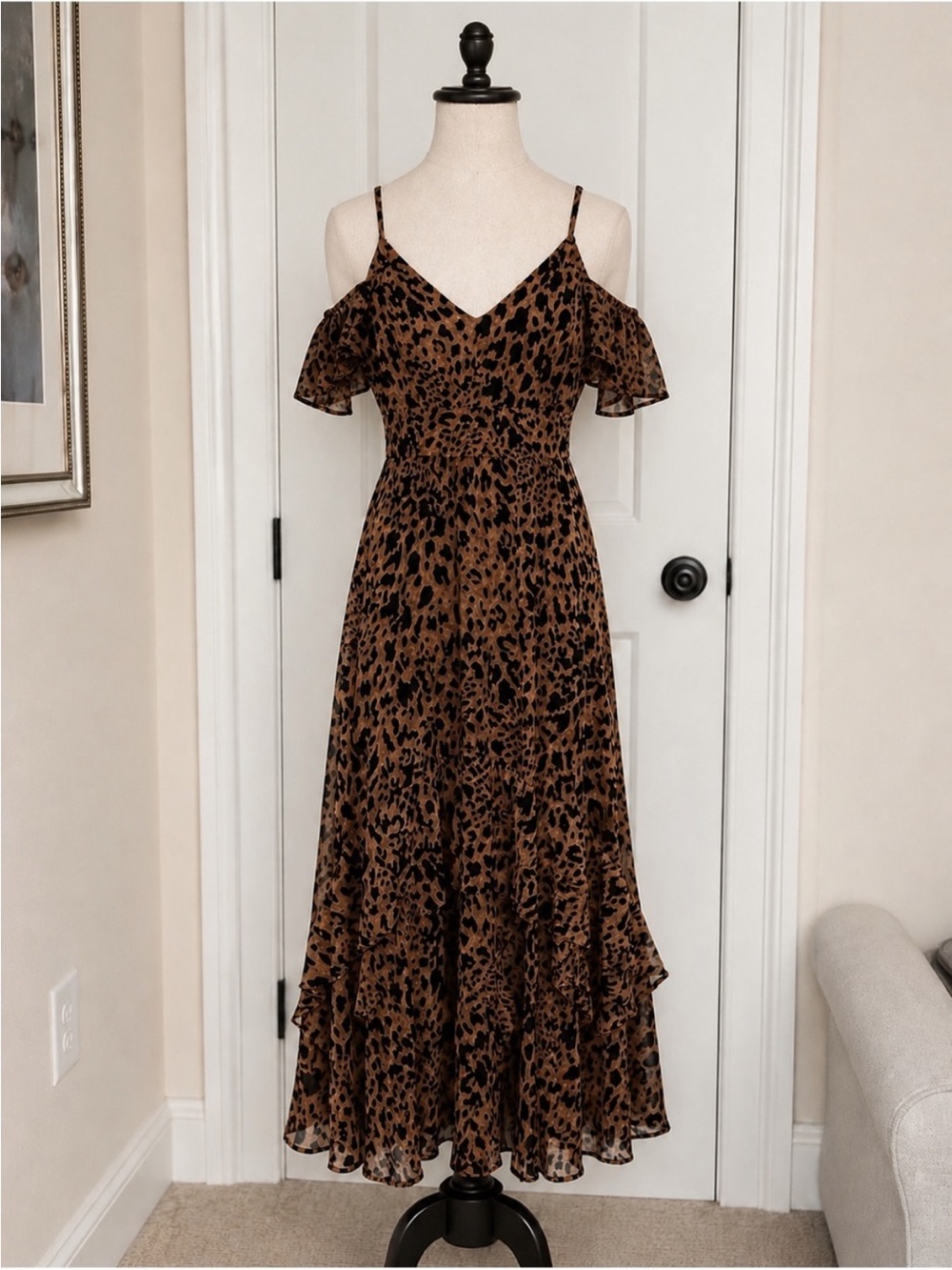 Brown Velvet Leopard Print Cold-Shoulder Maxi Dress